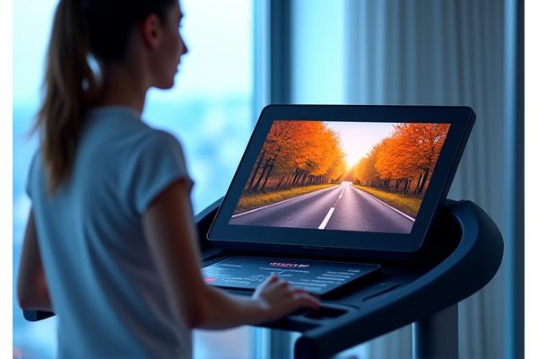 AI-powered compact treadmill with a virtual scenic run displayed on a screen